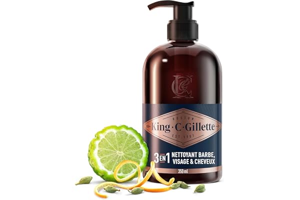 Gillette King C Nettoyant 3-en-1 pour Barbe, Visage Et Cheveux, Revitalise Et Nettoie en Profondeur, Conçu pour La Routine De Soin Quotidien, Doté D’Un Parfum Masculin, Formule avec De L’Huile D’Argan