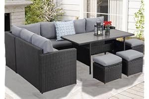 GLP Polyrattan Gartenmöbel Set für bis zu 9 Personen - Outdoor Lounge Essgruppe mit WPC Esstisch, Ecksofa, Hocker, Sessel und Dicke Kissen, Wetterfest (Schwarz & Grau)