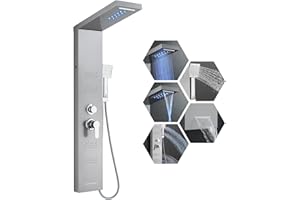 LED Shower Panel Tower, KEOKBON 5-Function Shower System with Rain Waterfall Shower, 4 Body Massage, Handheld Spray and Bathtub Spout, Shower Column Silver