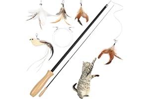 Cozary Jouet Chat, 5 Pièces Jouet Chat Interactif Intérieur,Jouet Chaton avec 1 Oiseaux et 3 Plumes de Remplacement avec Cloche,Canne à Pêche Rétractable avec Poignée en Bois pour Chats et Chatons