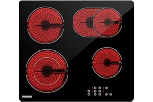 Piano cottura in Vetroceramica 4 Fuochi, WEHIMO Piano Cottura Elettrico 59cm, 7200W, 4 Zone di Cottura, Controllo Tocco, Timer, 9 Livelli di Riscaldamento