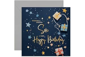 OLD ENGLISH COMPANY Old English Co. Son Birthday Card for Him - Navy Blue Male Birthday Card for Family - Stars Wrapped Gifts Presents Card Design - Modern Birthday Card | Blank Inside