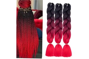Shangxiu Braids Extensions Rot, 3Stück Kanekalon Haar Kunsthaar zum einflechten Ombre Braiding hair Extension für Zöpfe Box Braid Haar (Schwarz/Burgundy/Rot)