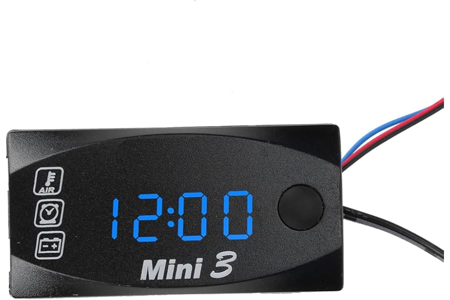 Fockety 3 in 1 Waterproof Time Clock Thermometer Car Voltmeter, DC 12V, Dustproof, Large Screen LED Digital Display, 3.9ft Power Cord, for Motorcycle Boat Truck