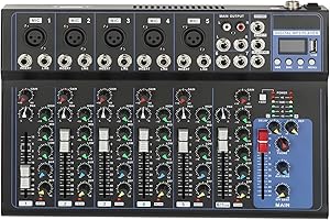 Donened - DJ Mixer, Audio Mixer with 7-Channel Microphone Input, 3-Frequency Equaliser, Bluetooth Portable Stereo Mixer with LCD Display, for Computer Recording Live Streaming Podcasting Karaok