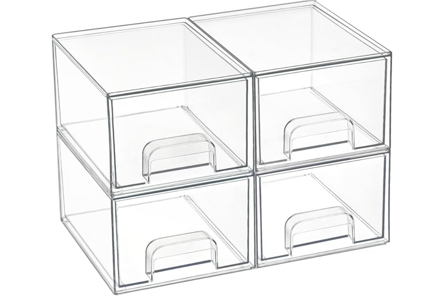 Vtopmart 4 Pack Clear Makeup Organiser, Acrylic Small Stackable Storage Drawers, Plastic Storage Box For Vanity, Bathroom, Under Sink, Kitchen Cupboard, Pantry, Home Organization