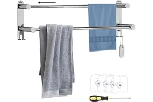 DMSELL Adjustable Self Adhesive Double Towel Rail, 41-75 cm Wall Mounted Towel Rail, Retractable No Drill Towel Rack for Bathroom