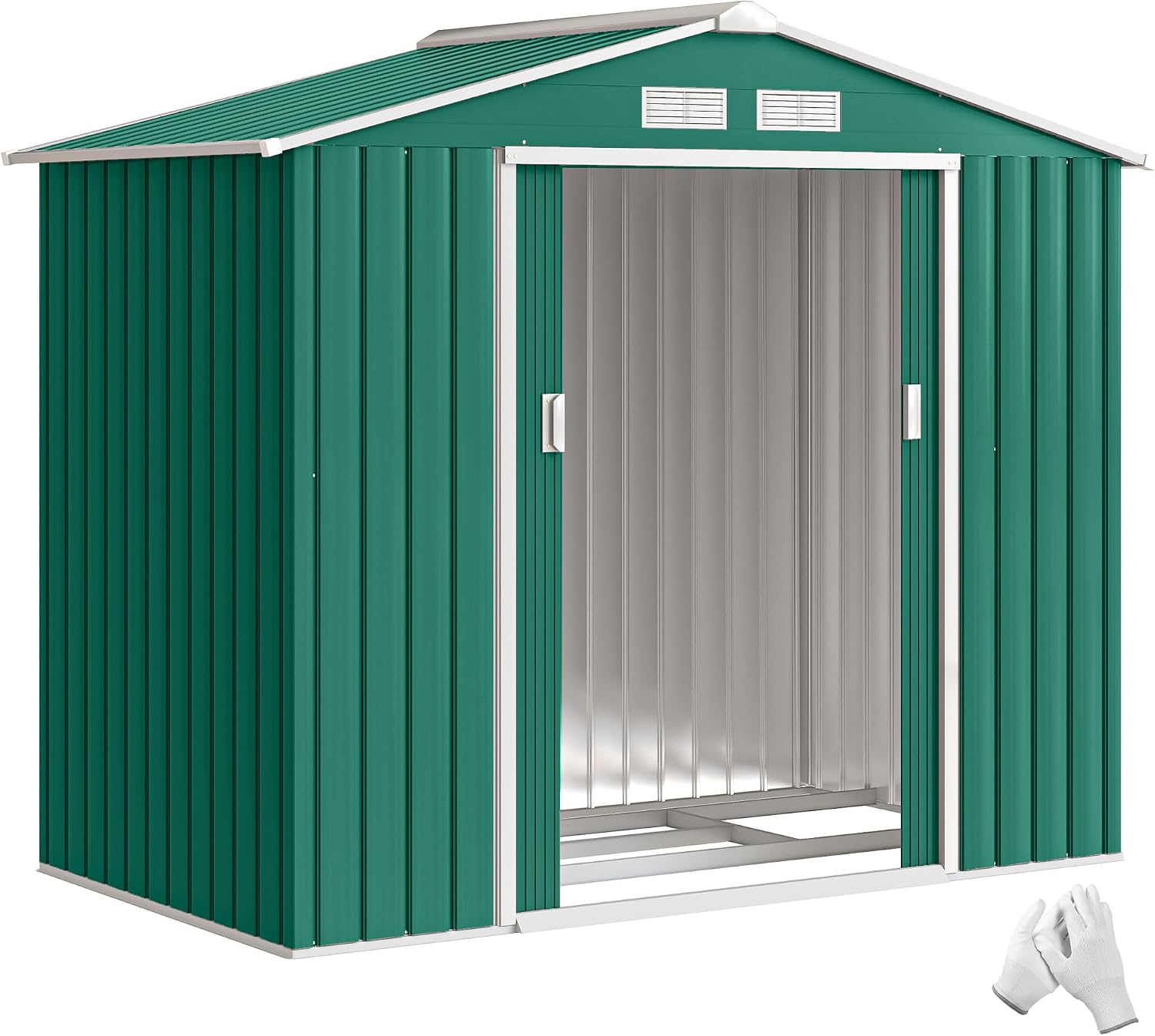 Outsunny Caseta de Jardín Exterior, 2,5 m² 213x130x185 cm, Cobertizo de Jardín Exterior Metálico con 2 Puertas Correderas, Base Refuerzo (Suelo NO Incluido) y 4 Ventanas, Verde Oscuro