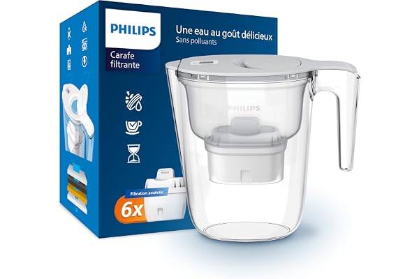 Philips Water Carafe filtrante avec 6 cartouches de remplacement, minuterie électronique, débit rapide, filtre le CHLORE, le CALCAIRE, les MÉTAUX LOURDS et les MICROPLASTIQUES, capacité de 2.6 L
