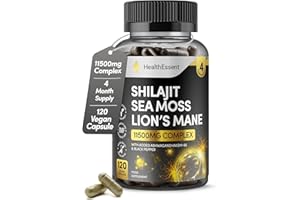 HEALTHESSENT Shilajit Seamoss and Lions Mane Capsules, 11500mg 3-in-1 Brain & Focus Supplement with Ashwagandha & Black Pepper, High Strength Lions Mane Shilajit Blend for Energy & Immunity,120 Vegan Capsules