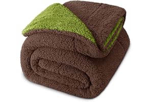 Exclusivo Mezcla Dwustronny koc polarowy typu sherpa w rozmiarze podwójnym, gruby i ciepły, na zimę, miękki, pluszowy, puszysty, na łóżko, 150 x 200 cm, oliwkowy zielony/kawowy