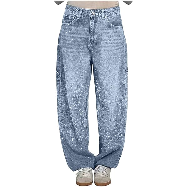 Women's Jeans with Glitter Wide Waist Curvy Baggy Wide Leg