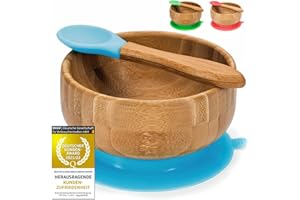 all Kids United® Bol à bouillie en bambou Vaisselle pour enfants - Bol à bouillie en bambou avec ventouse (Bleu)