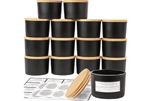 CONNOO 15 Pack 4 OZ Matte Black Glass Candle Jars with Airtight Bamboo Lids for Making Candles, Bulk Small Wide Mouth Empty Candle Containers with Sticky Warning Labels - Dishwasher Safe