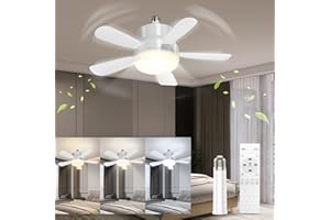 Toowell Small Ceiling Fans with Lights E26 E27 Screw in Fan Light with Remote Control Ceiling Fan Light for Bedroom 6 Speeds 3 Colors Dimmable Kitchen Light Bulb Fan with Timer Function