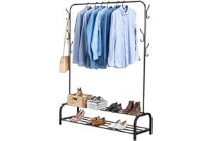 Youyijia Kleiderständer Stabil Metall Kleiderstange Freistehender Kleiderbügel Mit Ablage Schlafzimmer Single Pole Kleideraufbewahrung Mit 2-Stufiger Storage Shelf Und 6 Haken Bügel (Schwarz)