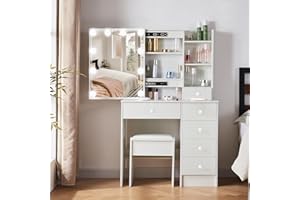 LIANWANG Hollywood Vanity Set Dressing Table with Mirror and Stool, Makeup Desk with 6 Drawers and 6 Shelves for Bedroom, White Vanity for Girls