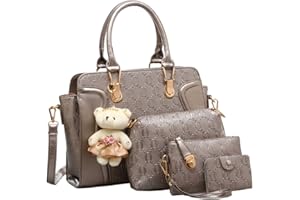 FiveloveTwo Women Tote Satchel Shoulder Bag PU Top Handle Bag Clutch Card Holder with Bear Ornaments