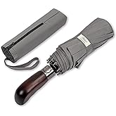 Balios folding umbrella metallic grey | Handcrafted genuine wood handle with windproof vented double canopy and automatic ope