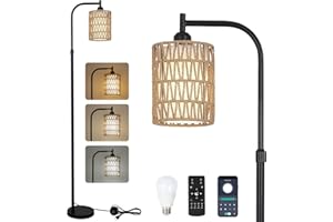 Rayofly Lámpara de Pie Ajustable Salón, Lámpara de Pie de Ratán con Mando a Distancia, App Control, Lámpara de Pie Boho con Pantalla de Ratán y Lino, Lámpara de Pie para Dormitorio, Altura Ajustable