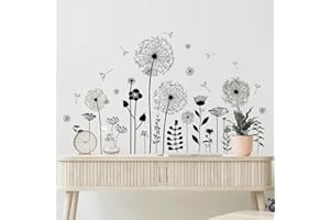 Supzone Adesivi Murali Fiori di Tarassaco Nero, Decalcomanie Floreali per Pareti, Adesivi da Parete Autoadesivi Rimovibili per Soggiorno e Camera da Letto