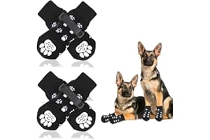JINSIHU 4 Pezzi Calzini Antiscivolo per Cani, Protezioni Zampa Interno con Fondo in Gomma e Cinghie Regolabili - Controllo Trazione per Interni per Cani di Media e Grande Taglia - Nero (L)