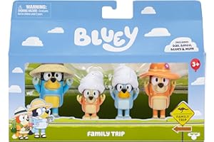 Bluey Figure 4-Packs, Family Trip, 2.5 Inch Poseable Figures of Bluey, Bingo, Bandit and Chilli, With Accessories,