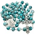 Nazareth Store Turquoise Crystallized Glass Rosary Beads Catholic Rosary Necklace with Miraculous Medal and Stainless Cross