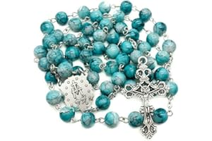 Nazareth Store Rosario con cuentas de mármol azul cristalizadas, hecho a mano, collar de oración con medalla milagrosa y cruz de Jesús, 53,34 cm, Vidrio, No es una piedra preciosa