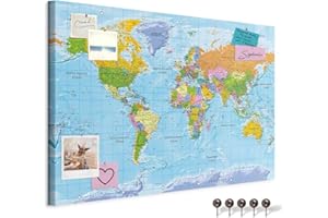 murando - Mapamundi con tablero para clavar chinchetas 90x60 cm - Cuadro en Lienzo estructurado - 1 parte - Panel de Fibra - Mapa del Mundo Continente - k-A-0094-v-a