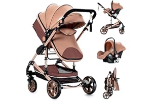 Nine point nine Carrito Bebe 3 en 1, Carricoche Bebe 3 Piezas con Capazo Grande Cómodo, Carro Bebe 3 Piezas Empuje Bidireccional Reversible, Cochecito Bebe Marco de Aleación Aluminio (739 Beige)