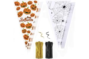 Cydaluya Halloween Sweet Cone Bags,Cydaluya 100pcs 13 * 25cm Halloween Sweet Cones Bags，Pumpkin and Spider Web Triangle halloween Sweet Bags with 50 Gold Twist Ties & 50 Black Twist Ties.