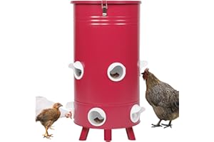JonesHouseDeco Ferrous Metal Chicken Feeder Bucket Double Outlet Portable Feeding Trough Galvanized Steel Chicken Feeder with cover Rust-Resistant Easy to Clean Farm Chick Coops Accessories (Red)