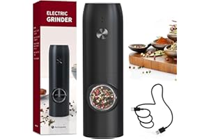 CIRCLE JOY Molinillo de Pimienta Eléctrico Molinillo de Especias Recargable con Luz LED Blanca, Capacidad de 70ml y Grosor Ajustable, Negro