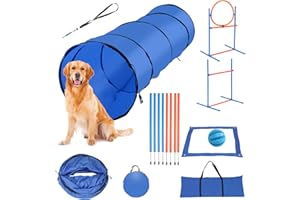 Herrselsam Agility Set Hunde groß, Agility-Ausrüstungs-Set für Hunde, Hundetraining zubehör Agility Hürde, Sprungring, Hundetunnel, 8 Slalomstangen, Ball, Pfeife, Tragetasche, Perfekt für den Park