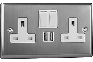 Varilight Double Switched Socket with USB Charging - Classic Brushed Steel with White Insert