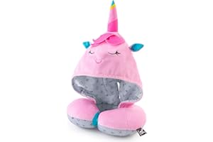 BenBat Hooded Travel Pillow Neck Support – Soft, Polyester Total Car Seat Head Support for Children 4+ with Magnetic Closure and Ponytail Hole – Machine-Washable Travel Essentials (Pink-Unicorn)