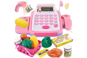 HYAKIDS Pretend Play Toy Till Cash Register with Scanner for Kids, Shopping Till Play Set Food Money Supermarket Cashier Imaginative Toys Gifts for Girls Boys