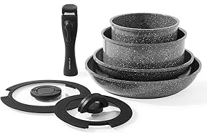 ESEVOLO Batterie de cuisine 7 pièces induction, Lot de Casseroles et Poêles avec poignées amovibles, Empilable, Revêtement Antiadhésif en Céramique sans PFAS, avec couvercle en verre, Gris