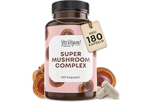 ‎YES VEGAN! Pilz Komplex mit B2 B5 B6 (180 Kapseln) mit 7 Pilze: Lions mane, Reishi Pilz, Cordyseps, Chaga, hericium erinaceus – Super Mushroom Complex - Alternative zu Mushroom Coffee