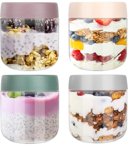 Lot De 4 Bocaux En Verre Avec Couvercles Et Cuillères 360 Ml | Pour Overnight Oats, Salades, Yaourts | Hermétiques Et Gradués