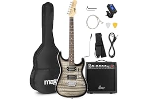 Max GigKit E Gitarre Quilted Style, E Gitarren Set mit Verstärker, Gitarrentasche, Plektrum, Stimmgerät Gitarre, Instrumentenkabel, Ersatzsaiten und Gitarrengurt, 22 Bünde - Schwarz