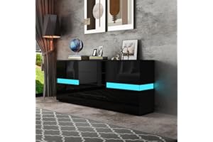 BESTWANTED Sideboard High Gloss Sideboard for Living Room Modern Sideboard Cabinet Display Cabinet with LED Lights 2 Doors 4 Drawers Home Furniture (Black)