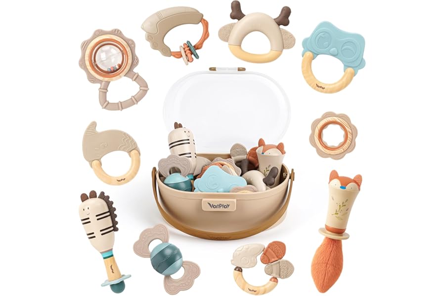 Baby Toys 0-6 Months Newborn Toys Rattle Teething Toys Sensory for Baby with Storage Box (10pcs)