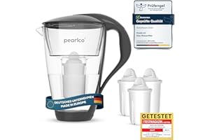 ‎PEARLCO PearlCo Glas-Wasserfilter (anthrazit) Glaskanne mit 3 Classic Filterkartuschen – Reduzierung von Kalk & Schwermetall – Schützt Geräte – Besserer Geschmack von Kaffee & Tee – Made in EU