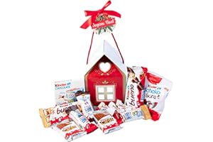 ONZA DULCE Y SALADO SWEET & SALTED Onza Coffret cadeau de bonbons Kinder Bueno. Cadeau original de chocolat à offrir pour Nöel. Assortiment de chocolats en forme de maison rempli de chocolats Kinder Bueno, Happy Hippo, Chocobons.