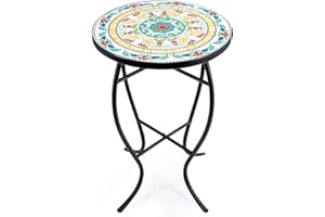 VONLUCE Mosaic Side Table and Plant Stand, 53.5cm Round Side Table with 36cm Ceramic Tile Top, Indoor and Outdoor Accent Table, Outdoor Patio Bistro Coffee Table for Home & Garden (Floral)