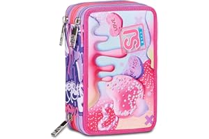 SJ Gang Astuccio Scuola 3 Zip, Rosa, Sphere Full Girl, Portapenne Triplo Scomparto Completo Di Penne, Matite, Colori, Accessori Zaino, Elementari, Medie, Bambina