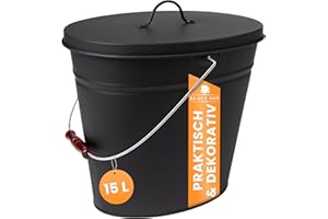 BLACK OAK Ascheeimer Vesuvio 15L – schwarz oval mit Deckel - groß 15 Liter - Stahl feuerfest verzinkt & pulverbeschichtet Asche & Kohle Eimer ideales Zubehör für Kamin Kachelofen Holzofen