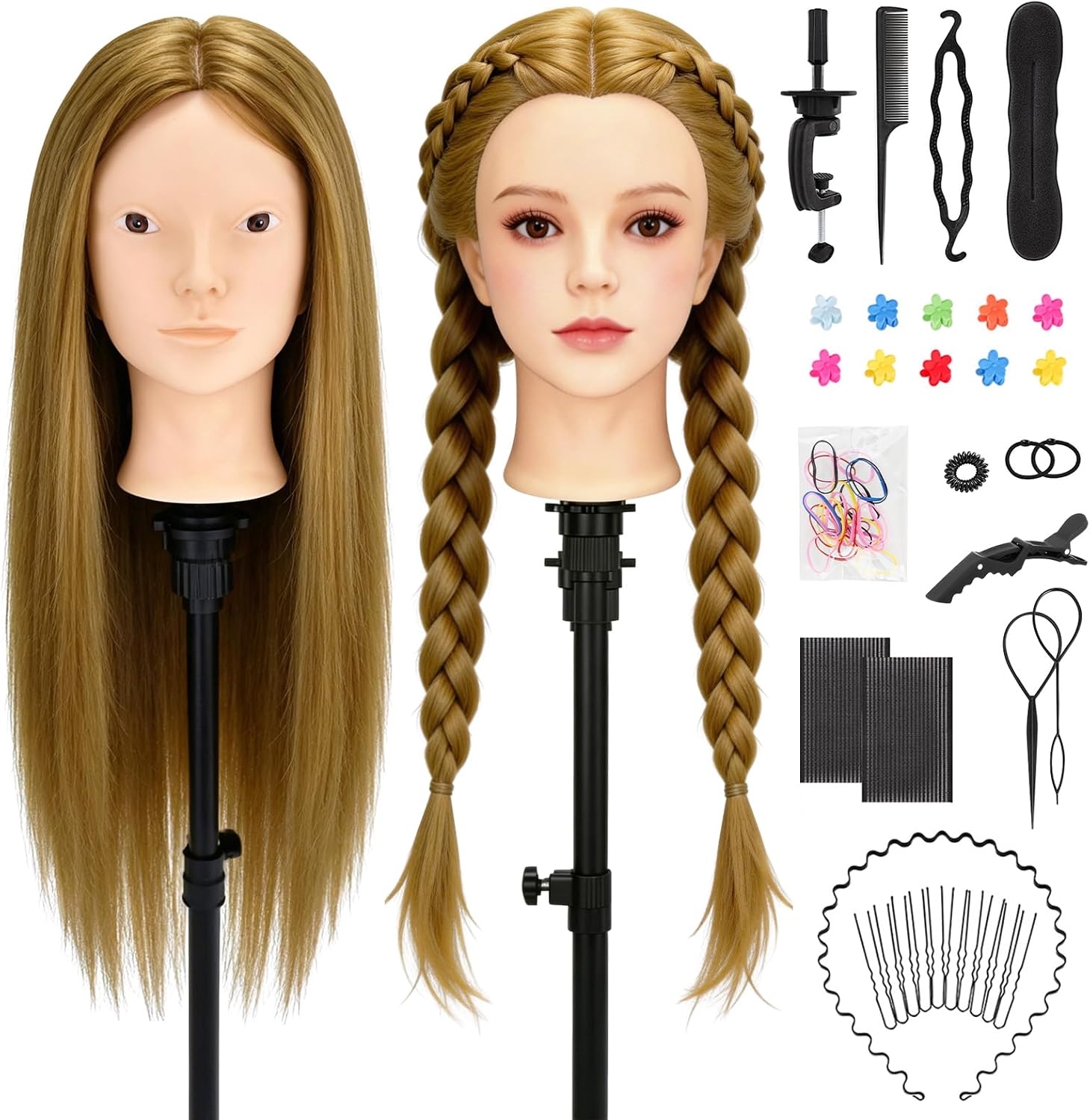 Cabeza de Peluqueria, Yofuly 26inch Cabeza Maniquí, 80% Cabello Humano, Cabeza Práctica Modelo Maniqui de Cosmetología con Abrazadera de Mesa y Juego de Trenzas de Cabello DIY Maniquí (castaño claro)